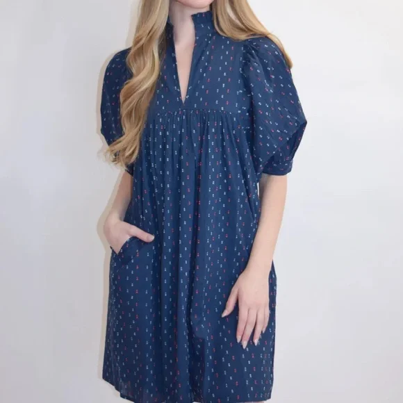 Never a Wallflower High Neck Dress Navy Swiss Dot Size Medium - Picture 1 of 8